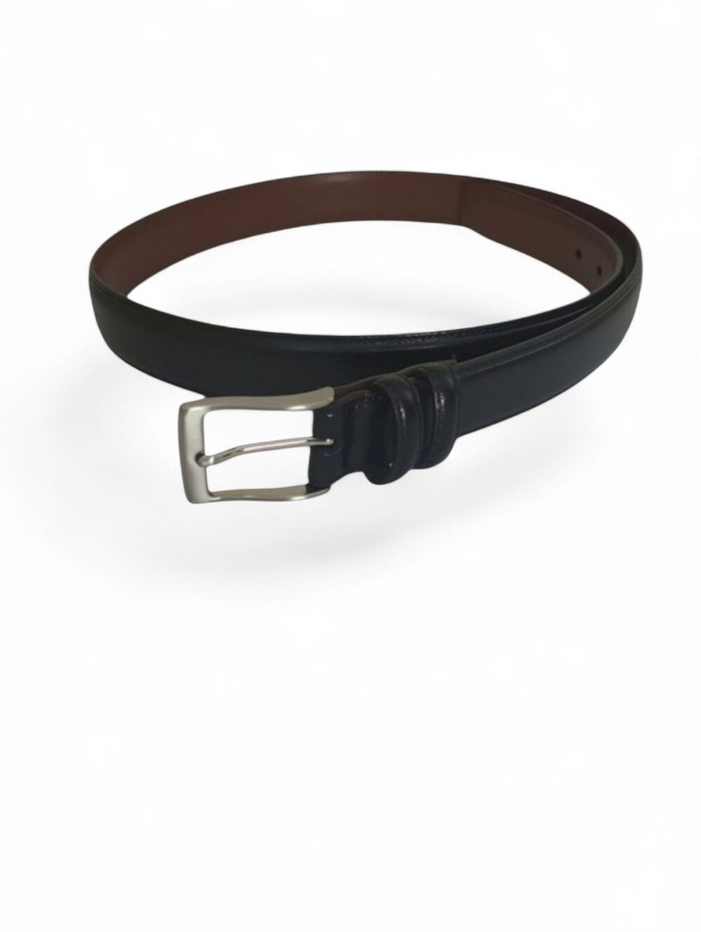 Perry Ellis Black Leather Belt Silvertone Buckle Size 36 90